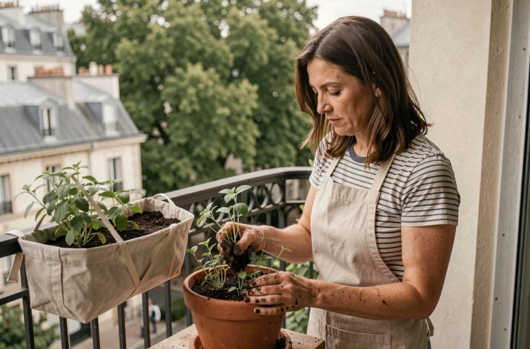 Femme qui repique des herbes aromatiques dans des pots en terre cuite sur un balcon urbain parisien