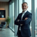 Portrait d'un ancien footballeur reconverti en homme d'affaires prospère dans un bureau moderne