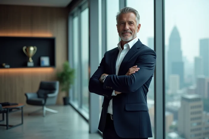 Portrait d'un ancien footballeur reconverti en homme d'affaires prospère dans un bureau moderne