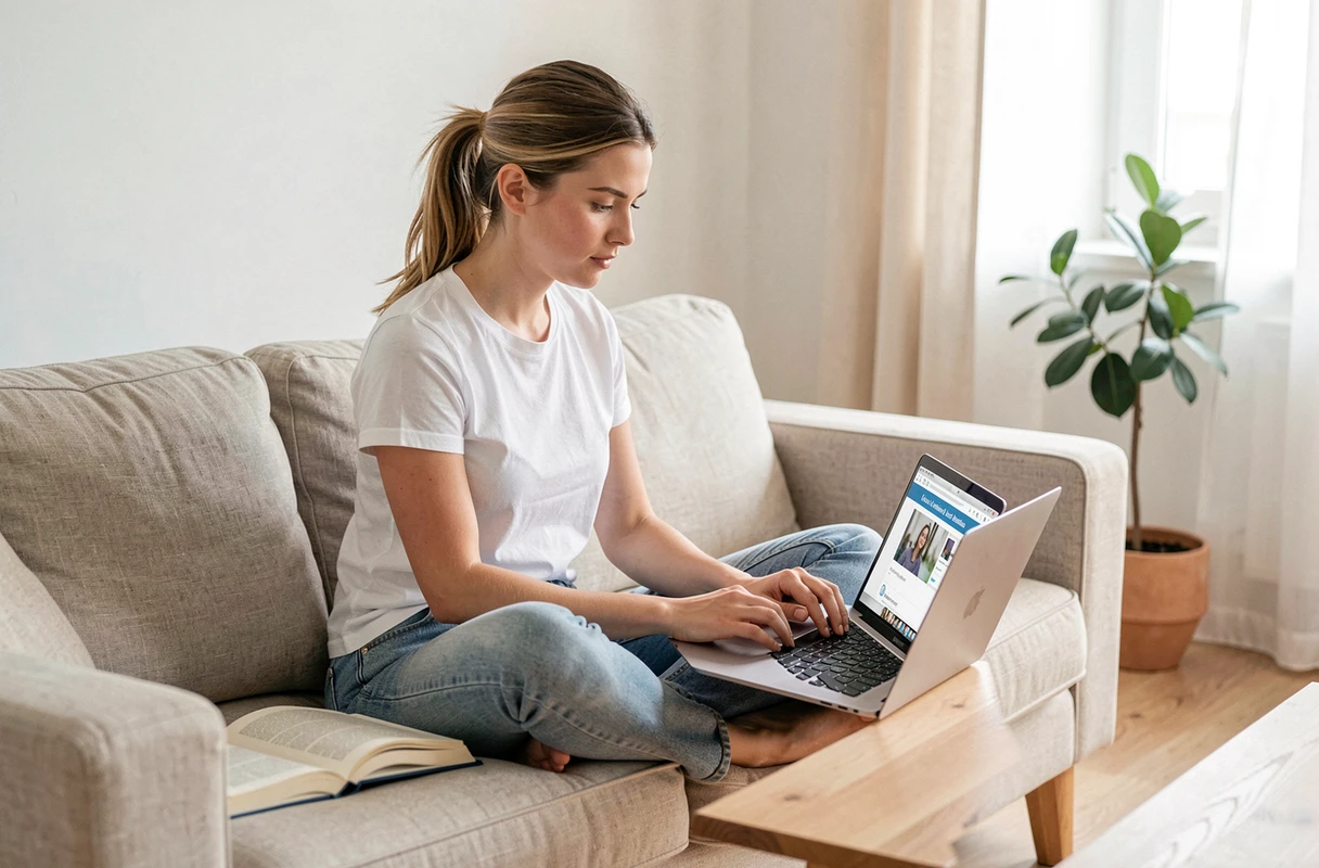 Jeune femme consultant un site de grammaire française sur un ordinateur portable avec un dictionnaire ouvert pour vérifier l'orthographe du mot voici au pluriel