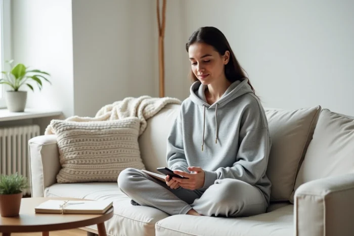 Jeune femme assise sur un canapé planifiant sa semaine dans un carnet avec une application mobile de productivité, organisation quotidienne à la maison