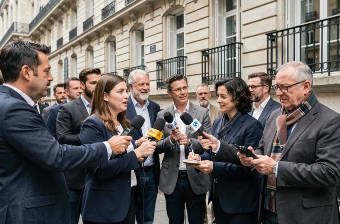 Journalistes et reporters réunis devant un bâtiment officiel parisien haussmannien lors d'une conférence de presse