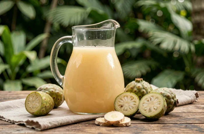 Pichet de jus de noni frais avec des fruits noni et du gingembre sur une table en bois