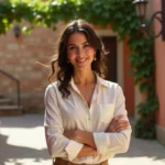 Femme aux origines italiennes souriante dans une cour en pierre avec végétation méditerranéenne, portrait éditorial naturel