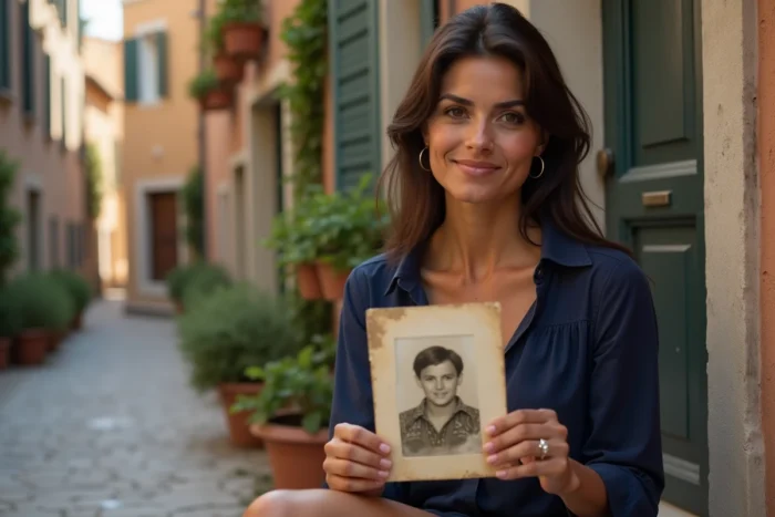 Femme tenant une photo de famille ancienne devant une maison de village italienne, portrait évocateur d'héritage et de mémoire familiale