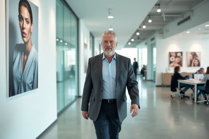 Homme d'affaires marchant dans les couloirs modernes d'un campus d'innovation beauté, évoquant l'ascension professionnelle d'un leader dans l'industrie cosmétique