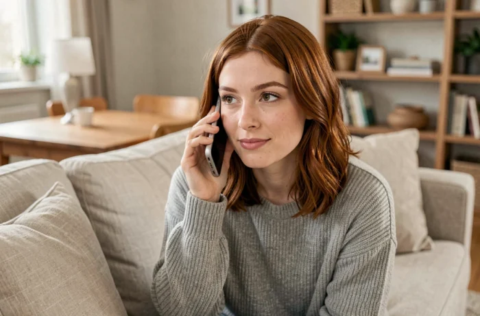 Jeune maman en train de contacter l'équipe Maman & Moi par téléphone depuis son salon