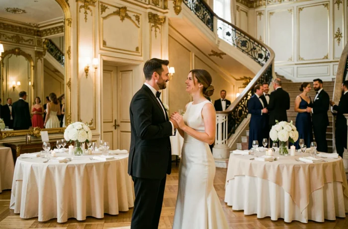 Couple élégant lors d'une réception de mariage dans un salon parisien orné de dorures et de fleurs blanches
