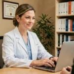 Médecin généraliste femme en consultation dans un cabinet médical moderne, regardant ses notes avec attention et professionnalisme