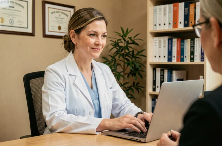 Médecin généraliste femme en consultation dans un cabinet médical moderne, regardant ses notes avec attention et professionnalisme