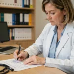 Médecin femme rédigeant une ordonnance pour un bilan sanguin complet dans son cabinet médical