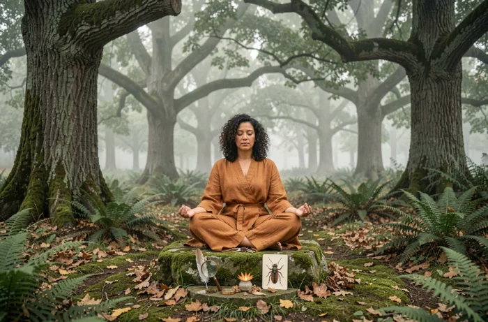 Femme en méditation dans une forêt avec un autel naturel symbolique évoquant la signification spirituelle des insectes