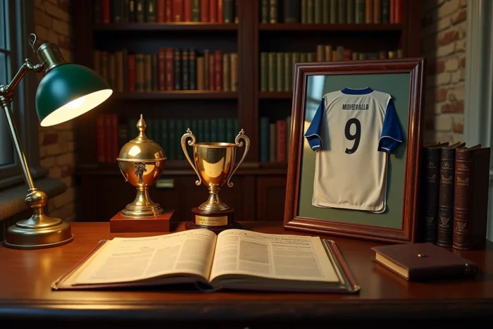 Collection de souvenirs de football français vintage évoquant la carrière et le patrimoine d'un grand joueur