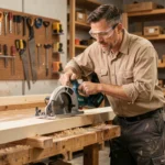 Menuisier utilisant une scie circulaire sans fil Makita DHS680Z pour couper une planche de bois dans un atelier professionnel
