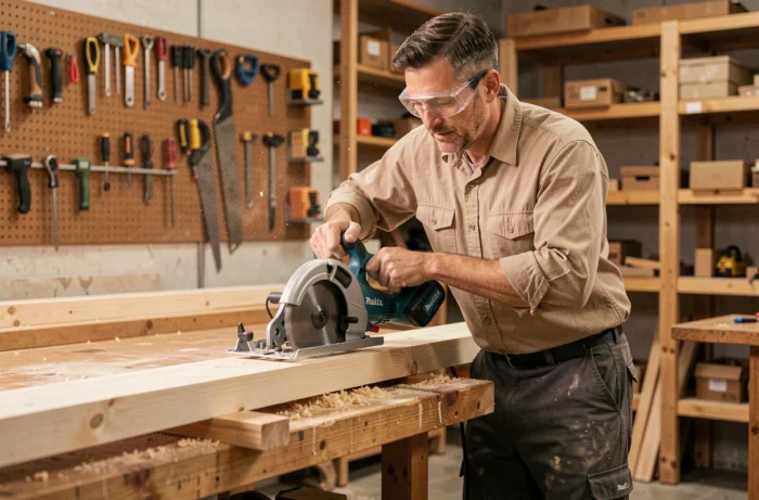 Menuisier utilisant une scie circulaire sans fil Makita DHS680Z pour couper une planche de bois dans un atelier professionnel