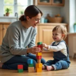 Mère aidant son jeune enfant à empiler des cubes en bois colorés sur le sol d'une cuisine chaleureuse, partageant un moment de complicité naturelle