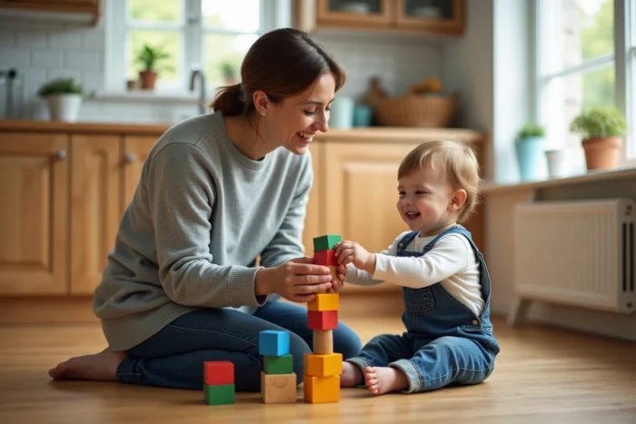 Mère aidant son jeune enfant à empiler des cubes en bois colorés sur le sol d'une cuisine chaleureuse, partageant un moment de complicité naturelle