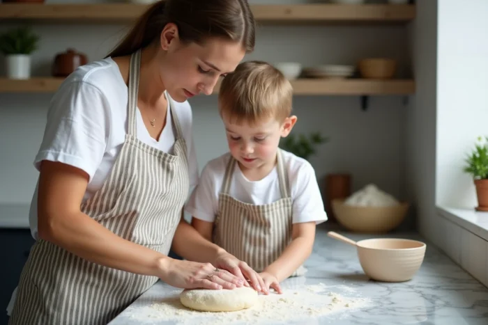 Mère et jeune fils préparant de la pâte ensemble dans la cuisine, les mains couvertes de farine dans une scène authentique du quotidien familial