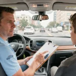 Moniteur d'auto-école expliquant une manœuvre à un élève conducteur dans un véhicule à double commande