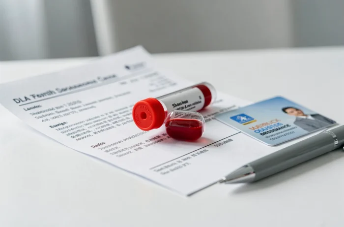 Ordonnance médicale pour bilan sanguin posée à côté d'un tube de prélèvement en laboratoire