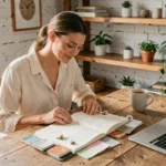 Femme organisant son mariage sereinement avec un carnet de planification ouvert sur une table en bois, entouré de swatches de tissu et de notes manuscrites