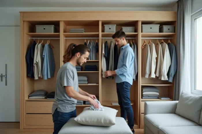 Couple réorganisant le rangement et l'espace de vie dans un studio avec lit escamotable