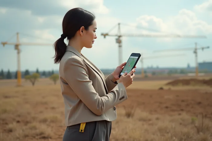 Femme professionnelle utilisant un outil d'analyse foncière sur smartphone lors d'une visite de terrain immobilier