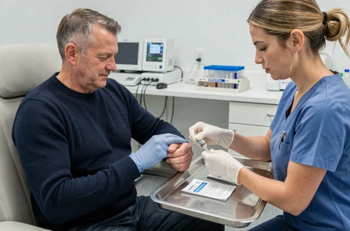 Patient en laboratoire d'analyses présentant son ordonnance pour une prise de sang