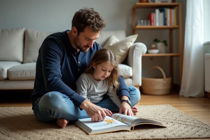 Père lisant un livre illustré avec sa fille sur un tapis de salon, dans une ambiance familiale authentique et chaleureuse