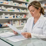 Pharmacienne en blouse blanche examinant des documents de transfert de pharmacie au comptoir