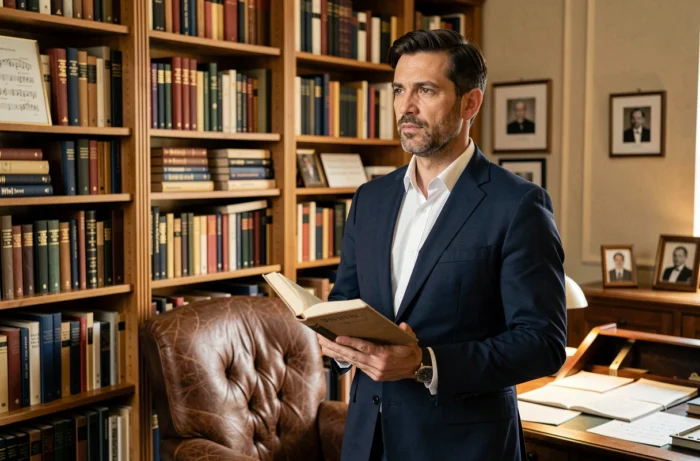 Contre-ténor en costume marine dans une bibliothèque personnelle, portrait intimiste et cultivé