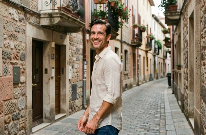 Artiste lyrique se promenant dans une ruelle pavée européenne, moment de vie privée décontracté