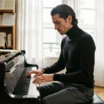 Philippe Jaroussky assis au piano dans un appartement parisien élégant, ambiance intime et personnelle