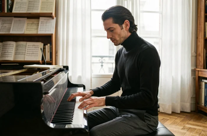 Philippe Jaroussky assis au piano dans un appartement parisien élégant, ambiance intime et personnelle