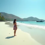 Femme en robe fleurie debout au bord de l'eau sur la plage de Kuta Lombok avec vue panoramique sur la baie turquoise et les collines verdoyantes