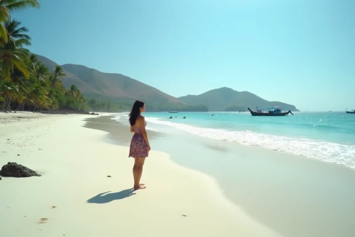Femme en robe fleurie debout au bord de l'eau sur la plage de Kuta Lombok avec vue panoramique sur la baie turquoise et les collines verdoyantes