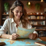 Femme planifiant un voyage autour du monde avec une carte et un journal de voyage dans un café