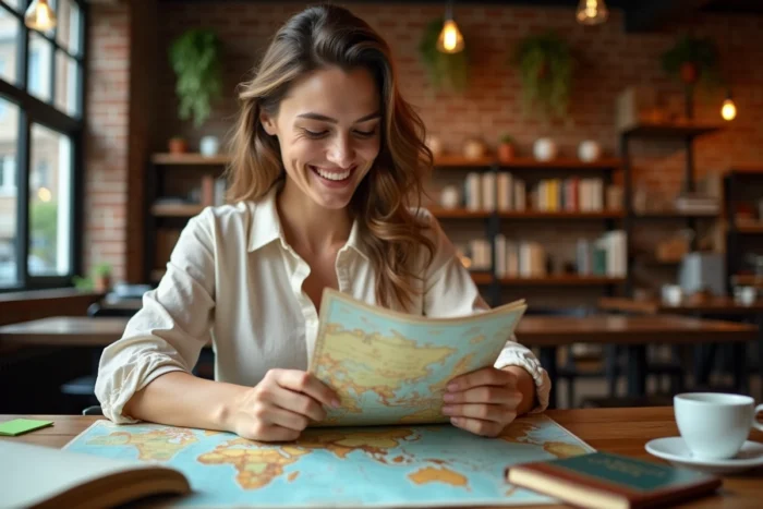 Femme planifiant un voyage autour du monde avec une carte et un journal de voyage dans un café