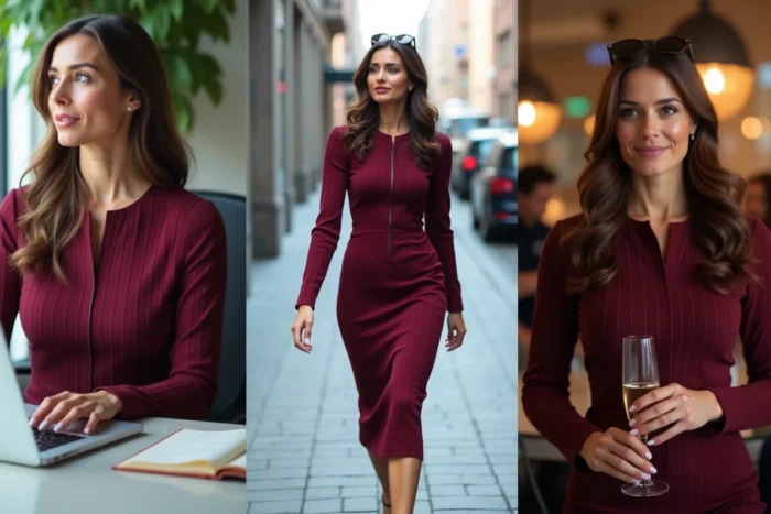 Une femme en robe midi bordeaux structurée illustrée dans trois contextes — bureau, ville et soirée — montrant la polyvalence de la robe au quotidien