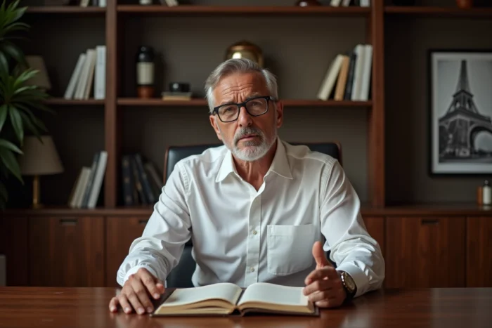 Portrait intimiste d'un dirigeant assis à son bureau dans un bureau directorial parisien raffiné, symbolisant la carrière discrète et influente d'un leader de L'Oréal