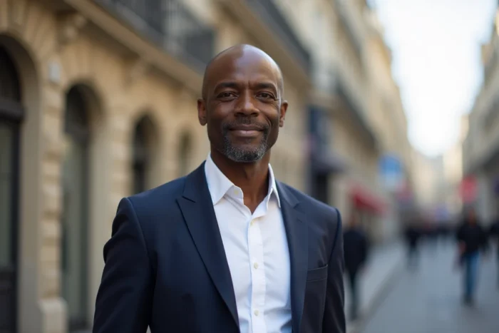 Portrait d'un homme d'origine antillaise en veste marine sur un boulevard parisien, évoquant le profil public et familial d'une figure médiatique française