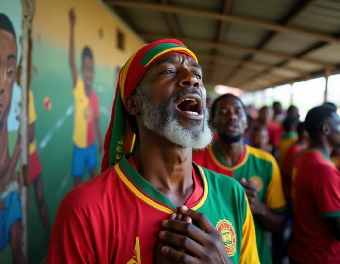 Portrait émouvant d'un supporter congolais chantant passionnément lors d'un match de football