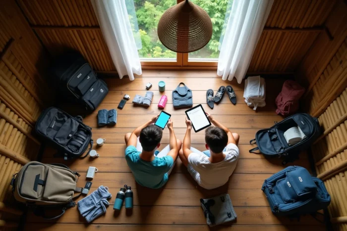 Couple préparant ses bagages dans une auberge en Asie du Sud-Est pour un voyage autour du monde