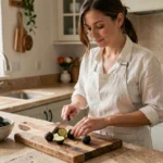 Femme préparant du noni frais sur une planche en bois dans une cuisine naturelle