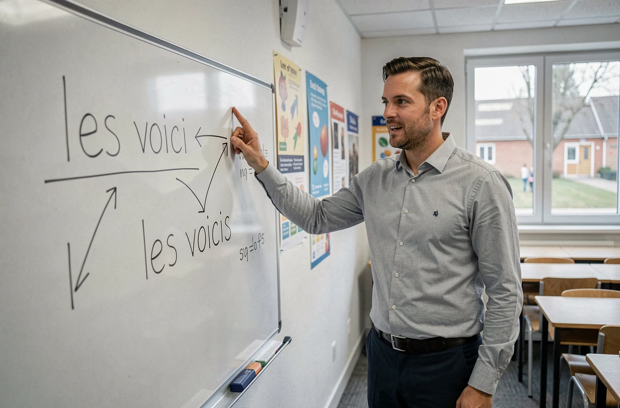Professeur de français expliquant l'orthographe des mots voici et voicis au pluriel devant un tableau blanc en salle de classe