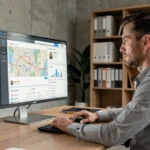 Professionnel de l'immobilier utilisant un logiciel de gestion immobilière open source sur un grand écran dans un bureau moderne