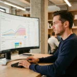 Un professionnel du SEO analysant des données de suivi de position sur Google dans un espace de coworking parisien