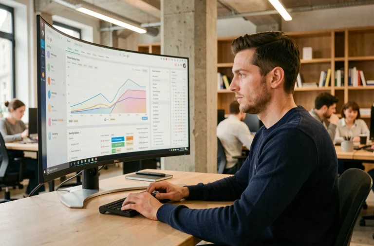 Un professionnel du SEO analysant des données de suivi de position sur Google dans un espace de coworking parisien
