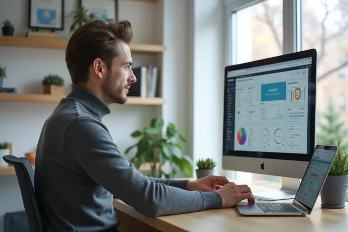 Professionnel en télétravail gérant des outils numériques et des tableaux de bord cloud depuis son bureau à domicile