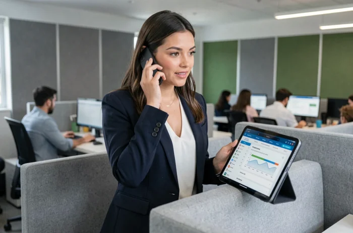 Jeune professionnelle appelant un prestataire trouvé grâce à l'annuaire 118 712 depuis un espace de coworking